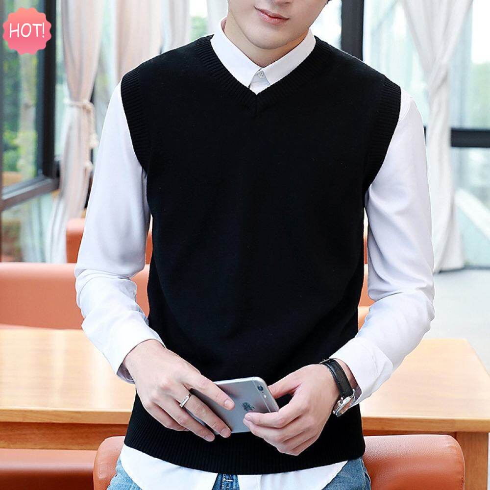 LUX ANGNER Sweater Men 100% Cotton Solid V Neck Vest Sweaters Men Fashion Knitted Sleeveless Pullover Sweater Casual Men's Clothing
