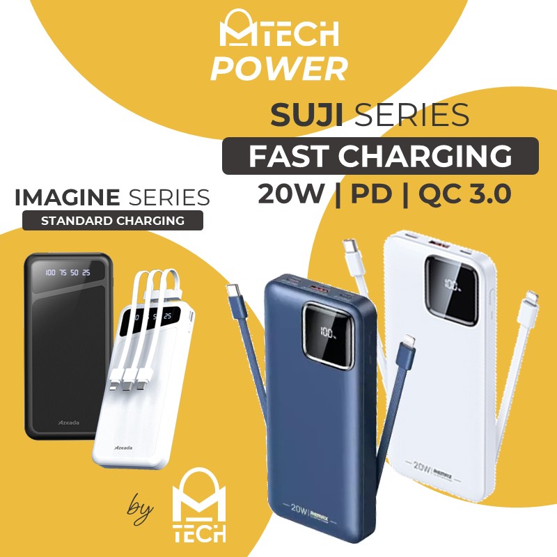 MTech Power REMAX Suji 22.5W 20W Powerbank Fast Charging with Built in Cable 10000mAh 20000 mAh 30000 Power Bank PD for Travel