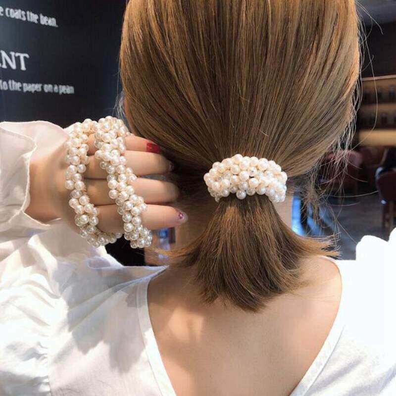 FAITOLAGI 1Pcs Women Hair Accessories Pearls Beads Headbands Ponytail Holder Girls Rubber Rope Vintage Elastic Hair Bands