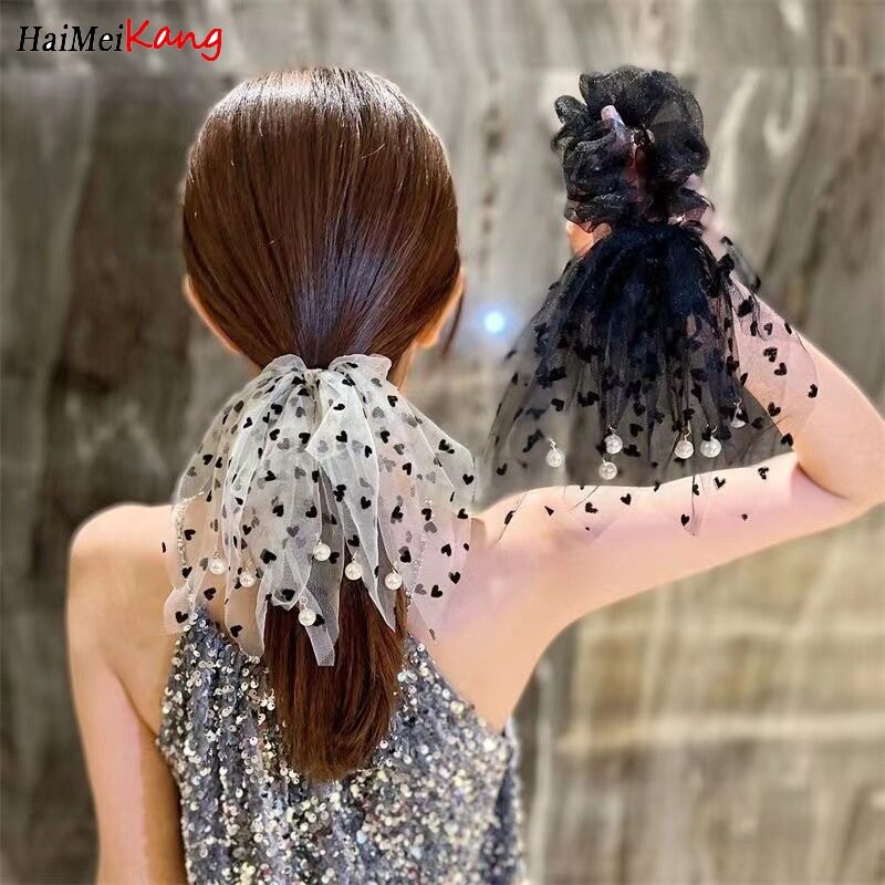 1pcs Fashion Korean Style Hair Ring Simple Casual Love Pearl Lace Large Intestine Hair Rope Hair Accessories