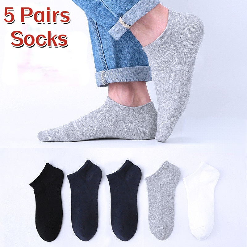 (SG Stock) 5 Pairs Men's Thin Boat Socks Solid Color Business Ankle Socks Sports Breathable Deodorant Socks Low Socks