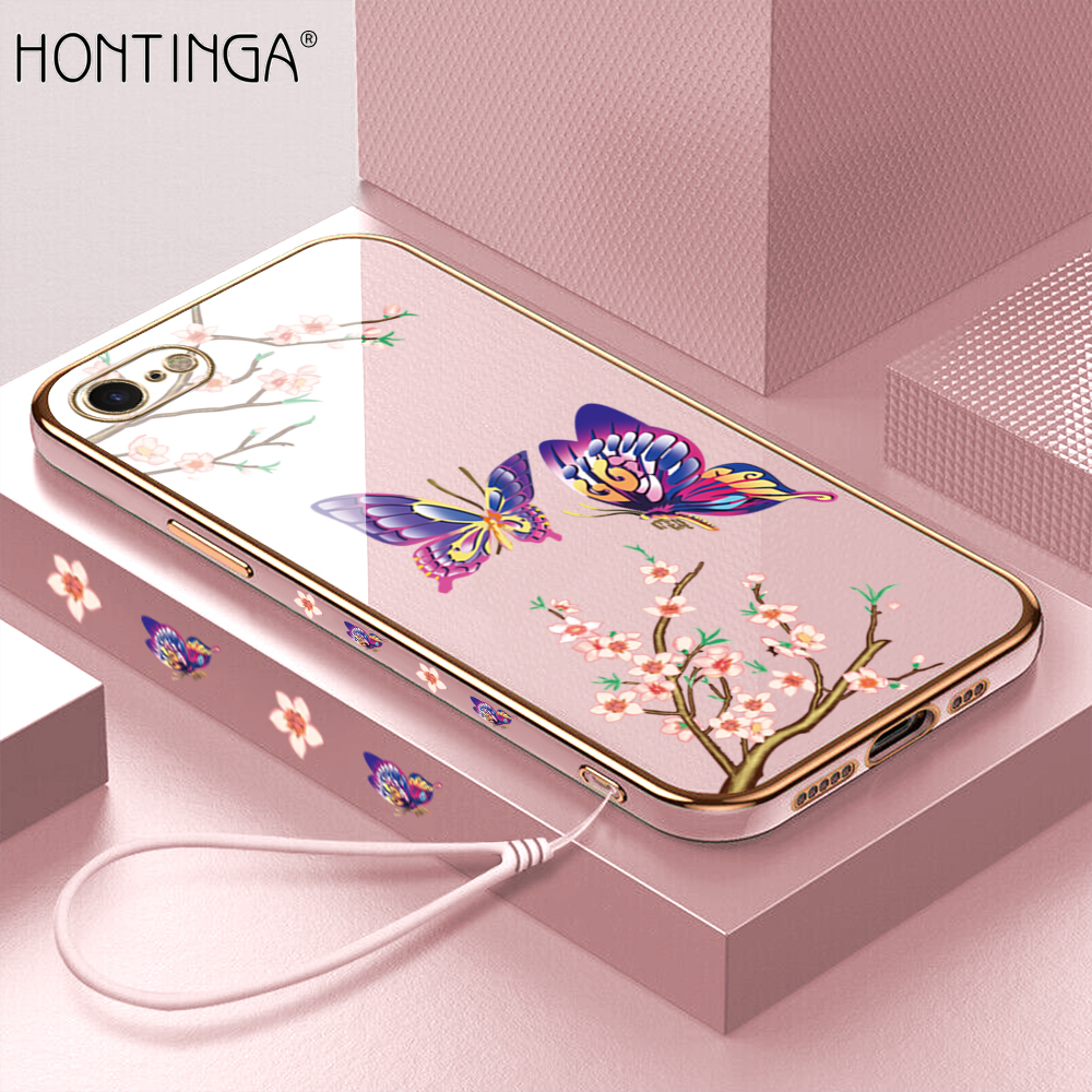 Hontinga Casing Case For New iphone SE 2022 SE3 SE 3 Case Fashion Colorful Butterfly Luxury Chrome Plated Soft TPU Square Phone Case Full Cover Camera Protection Anti Gores Rubber Cases For Girls