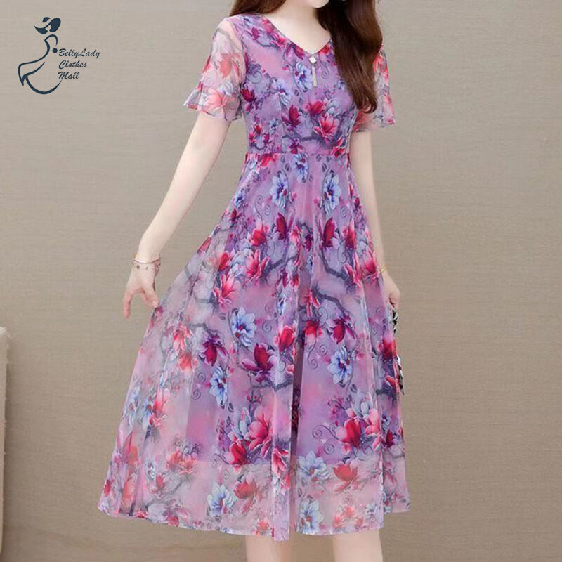 Women Sweet Floral Printing A-line Skirt Summer Milk Silk Large Size Short Sleeves V Neck Dress