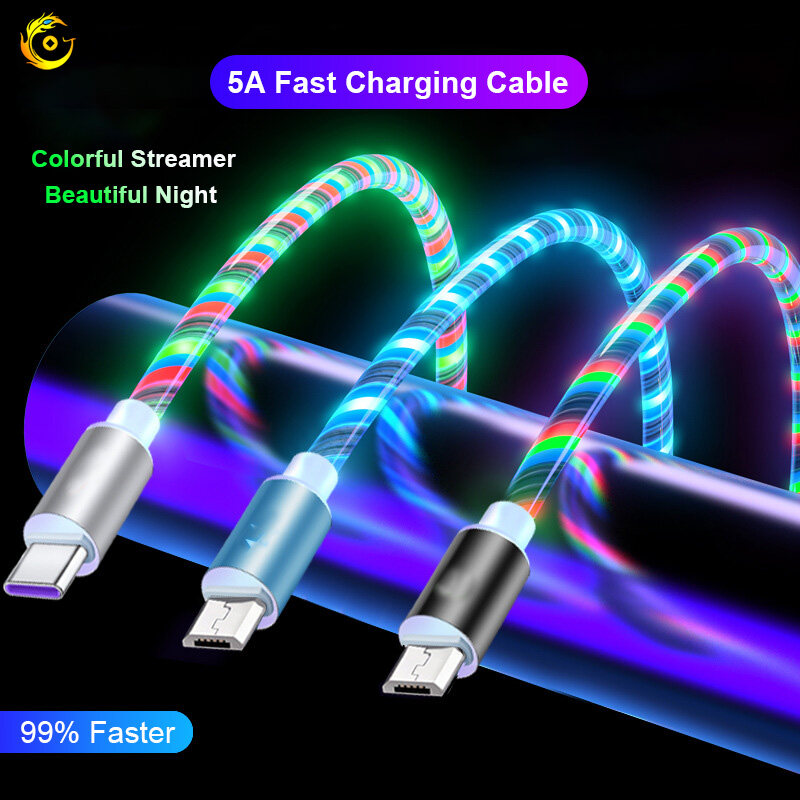 5A Fast Charging Cable LED Luminous Glow Flowing USB Cable Colorful Streamer Data Wire MicroUSB/Type-C/iPhone Quick Charge Wire for iphone Android