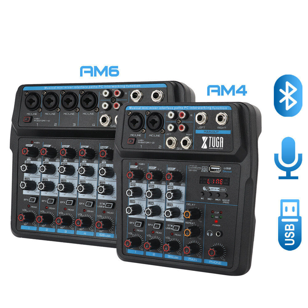 XTUGA AM4 Audio Mixer Mixing Console 4 Channels Mini Musical Mixer Multifunctional Audio Interface Built-in Sound Card, Bluetooth, USB, 48V Phantom Power for PC Recording, Music Creation, Singing, Web