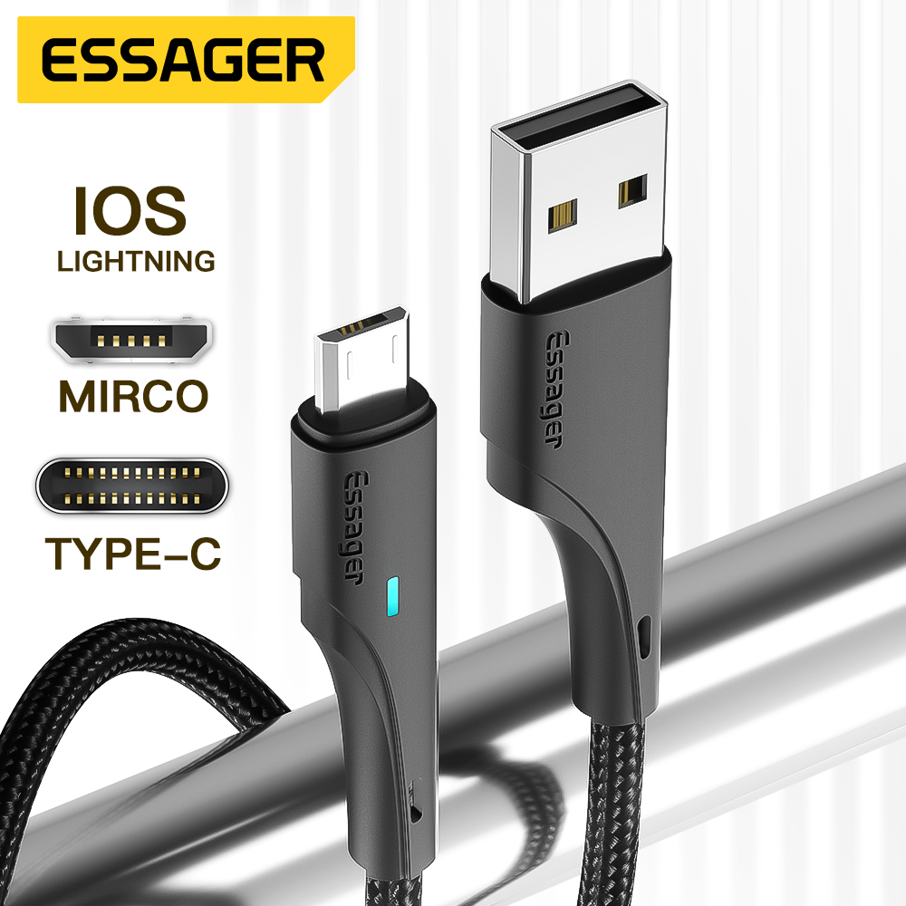 Essager LED 3A USB Type C / Micro/iPhone  Cable For Samsung Huawei Xiaomi Fast Charging USB-C Charger Mobile Phone Cable