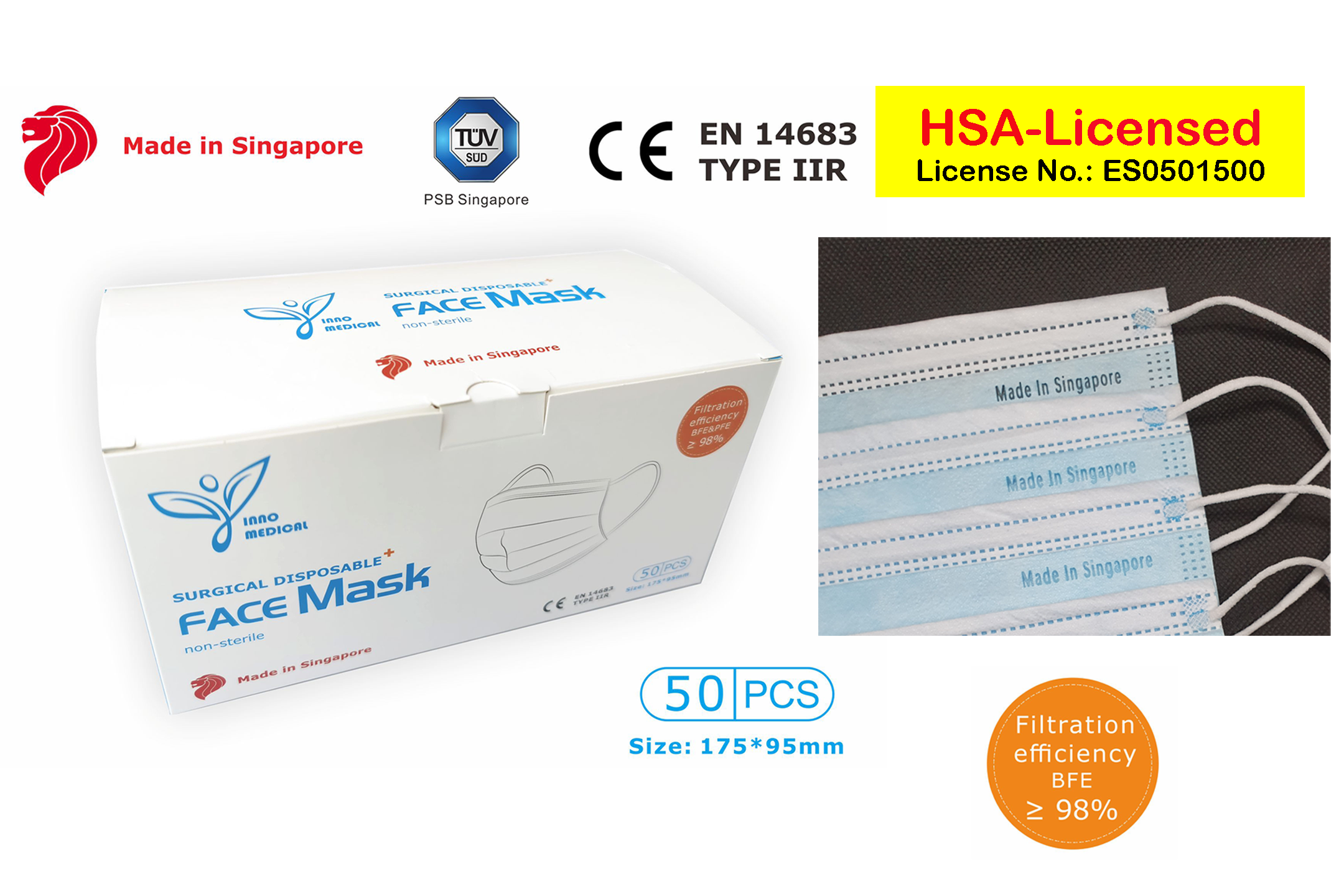 Made in Singapore HSA Licensed Disposable MEDICAL MASK, 50pcs/box