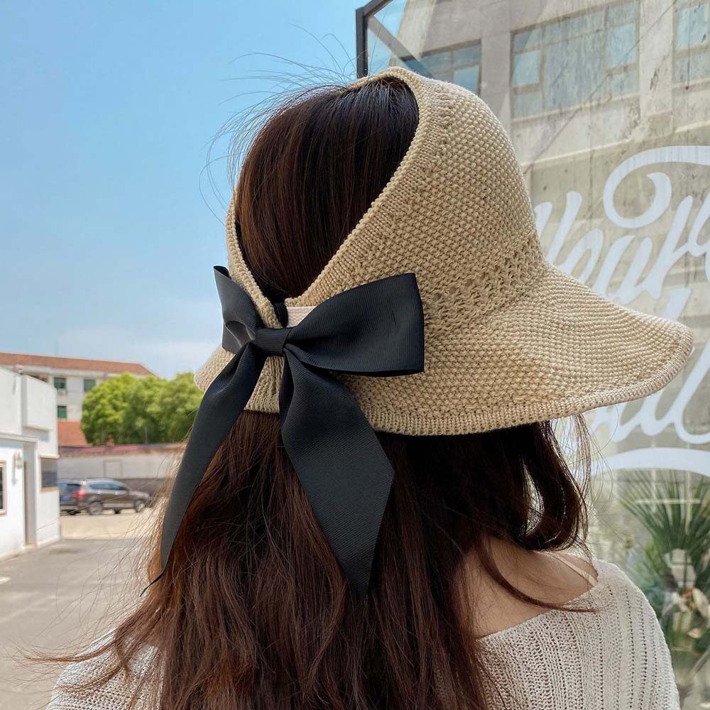 TKNUS Woman Foldable Handmade Sun Visor Sunscreen Holiday Straw Hat Bowknot Sun Cap Empty Top Hat