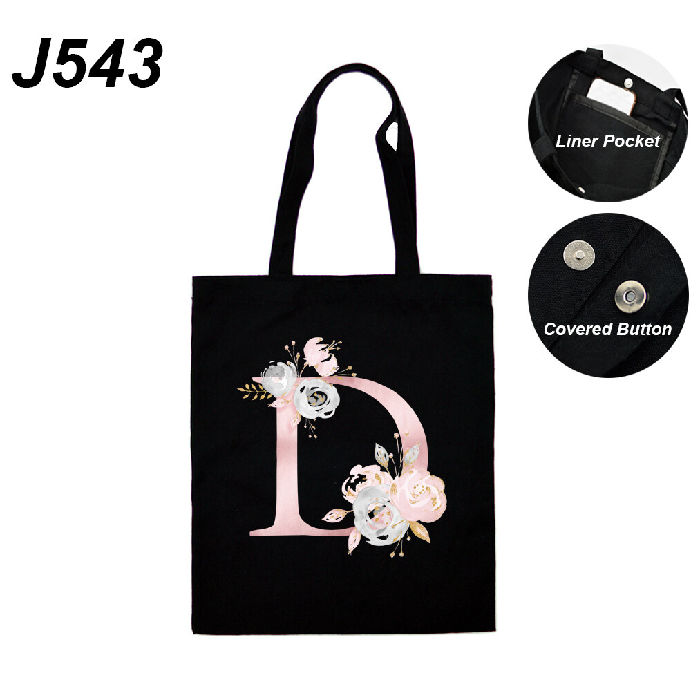 A-Z Floral Letters Pattern Ladies Handbags Canvas Tote Bag Unique Gift Women Shoulder Shopper Bags with Linner Pocket
