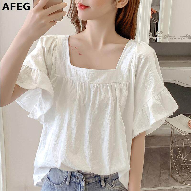 AFEG new Korean women's short-sleeved loose square collar solid color casual fashion wild temperament blouse