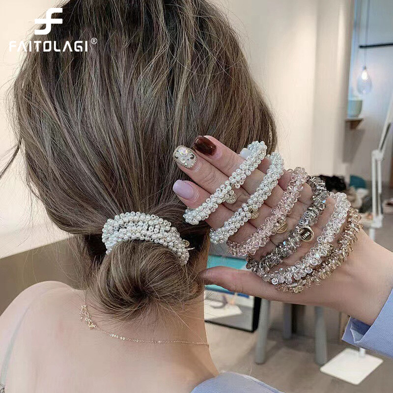 Retro Pearls Crystal Hair Rope for Women Simple Elegant Elasticity Bracelet Dual-use Hair Tie Sweet Korean Style Rubber Hair Ring