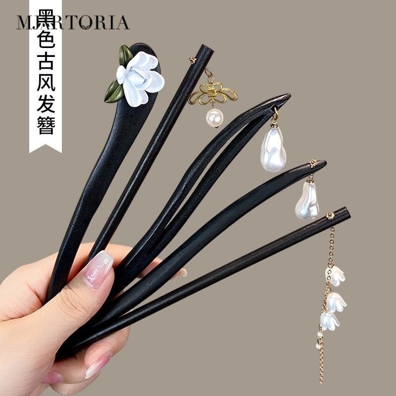 MJartoria Chinese Flower Hair Forks Long Tassels Chopsticks Hairpins Clips Hair Stick Wooden Imitation Pearls Bead Step Shake Wedding Gift
