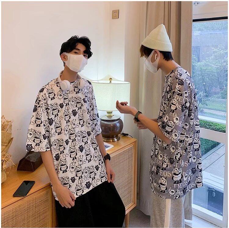 t shirt Men 2022 New Korean Style Oversize Allover Cartoon Print Fashion Tops Loose Casual t-shirt