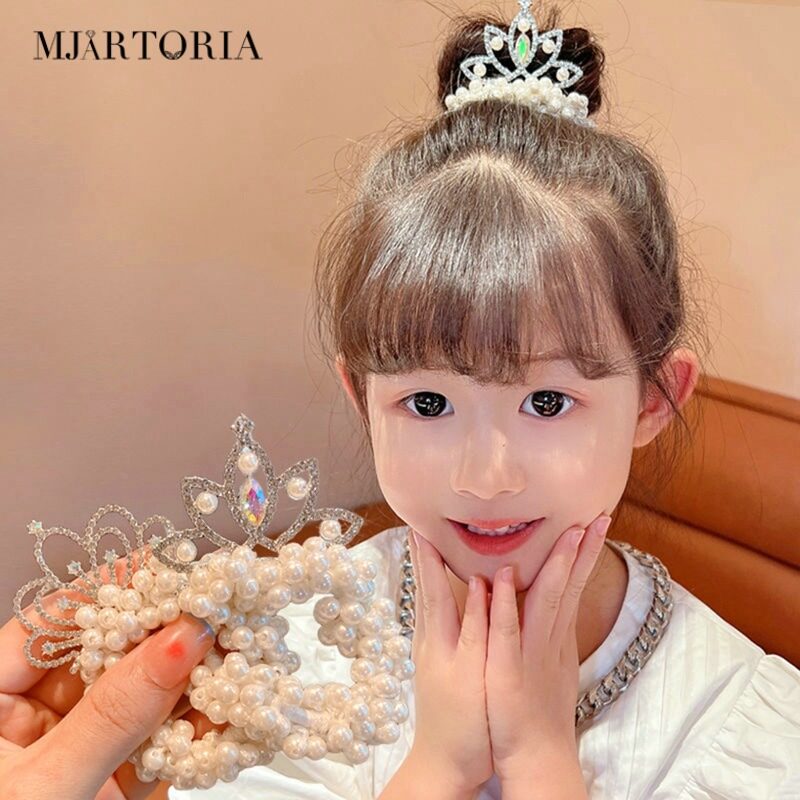 MJartoria Children's Headdress Princess Headband South Korea New Pearl Flower Little Girl Tie Hair Head Rubber Band