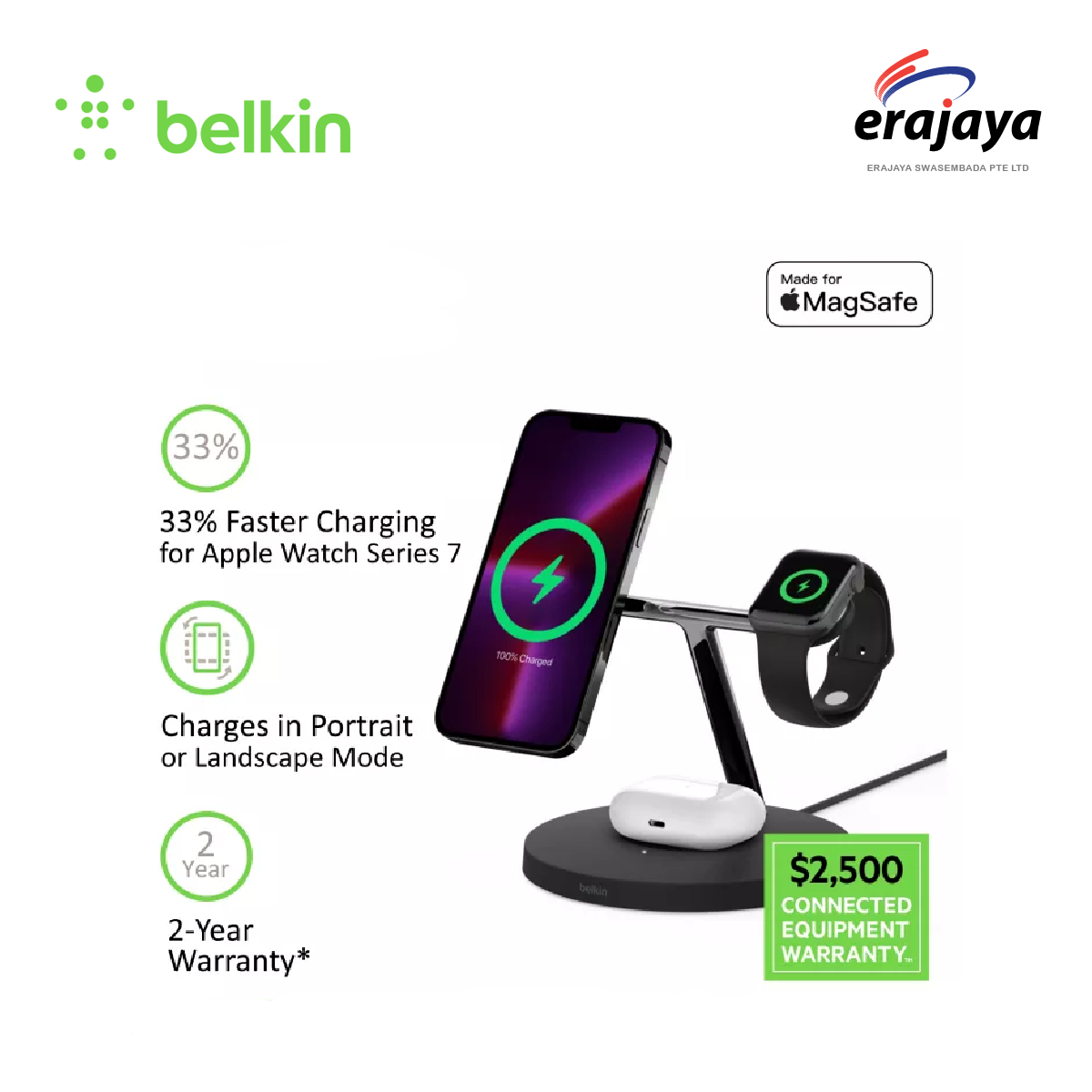 Belkin WIZ017my BoostCharge PRO 3-in-1 Wireless Charger with MagSafe 15W and Power Adapter (iPhone 14/13/12)