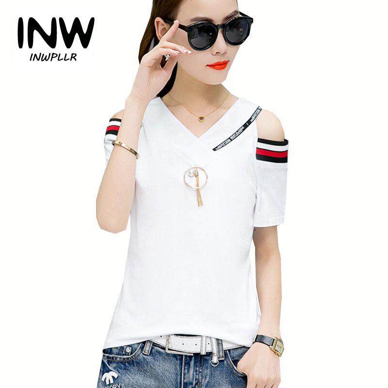 INWPLLR New Korean-style Fashion Women Short-sleeved Patchwork Tshirt Summer Top Lady T-shirts Tee Shirt V-neck Cold Shoulder Tshirts