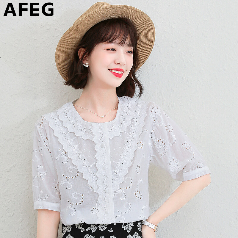 AFEG new Korean version round neck fashion loose all-match temperament embroidered cotton short-sleeved blouse for women