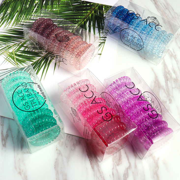 [SG] 9pc Spiral TPU Hair Ties Coil Phone Cord Hair Bands Teleties Band Elastics for Thick Hair, Ponytail Holder Teleties for Girls Women, Candy color/ Black/ Transparent