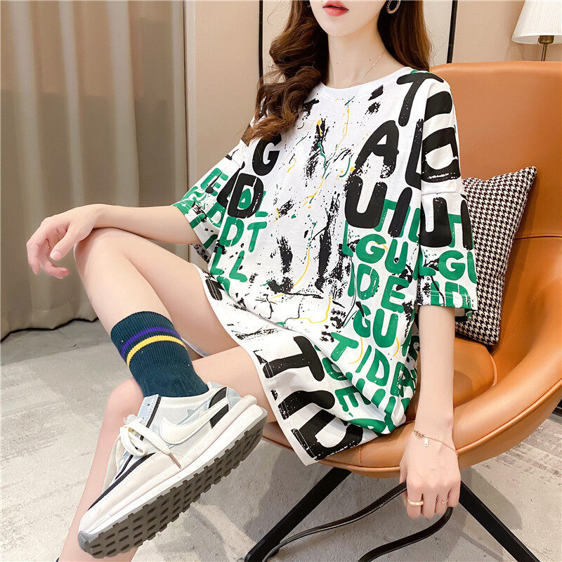 Women Clothes Summer T-Shirt Plus Size Loose Mid-length Blouse Letters Print Cute Sweet Korean Style Casual Round Neck Short Sleeves Shirt