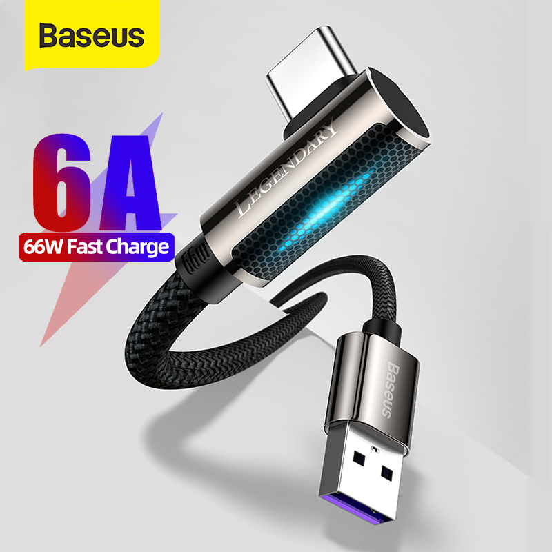 Baseus 6A USB Type C Cable for Huawei P40 P30 66W Supercharge Quick Charge 3.0 USB C Cable 90 Degree Elbow LED Display Fast Charging Game Cable