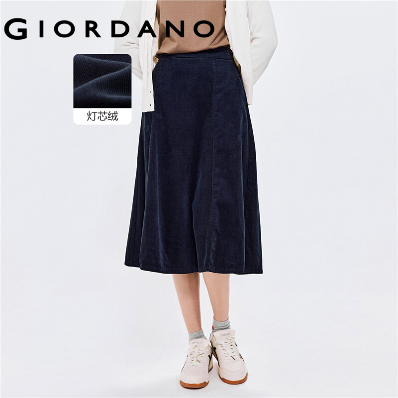 GIORDANO Women Skirts Half Elastic Waist 100% Cotton Corduroy Long Skirts Basic Solid Color Casual Gathered Midi Skirts 13462651