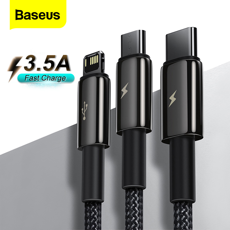 Baseus 3 in 1 USB Cable For iphone 14 13 Pro Max 12 Multi Fast Charging Micro Type-C Cable For Samsung Huawei USB C Data Wire Cord