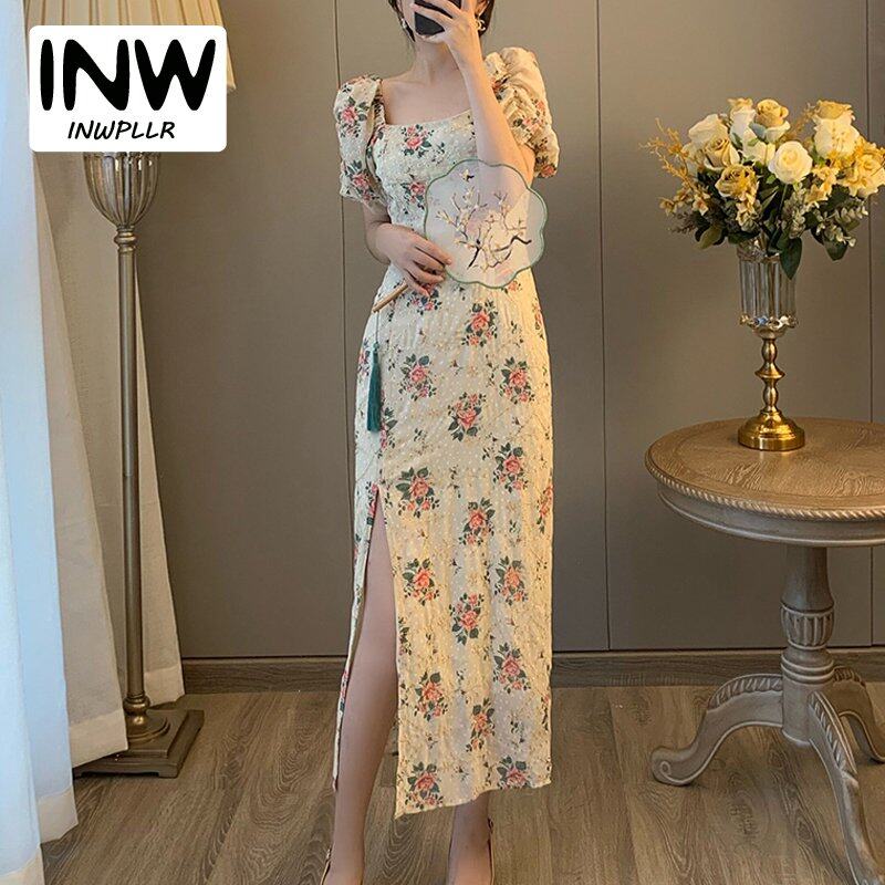 INWPLLR New Arrival Floral Print Women&#39;s Dress Fashion Elegant Square Collar Long Dress Summer Style Puff Sleeve Split Dresses Female