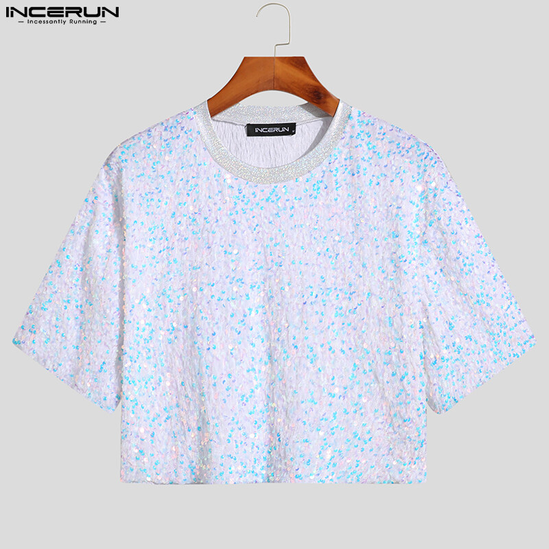 INCERUN Mens Short Sleeve Sequin Shiny T Shirt Crop Tops Clubwear Party Hippy Tee Blouse (Casual Wear) #3