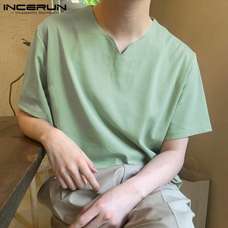 INCERUN Mens Plain T-Shirt Short Sleeve V Neck Loose Tee Casual Sport Blouse Top (Clearance Sale)