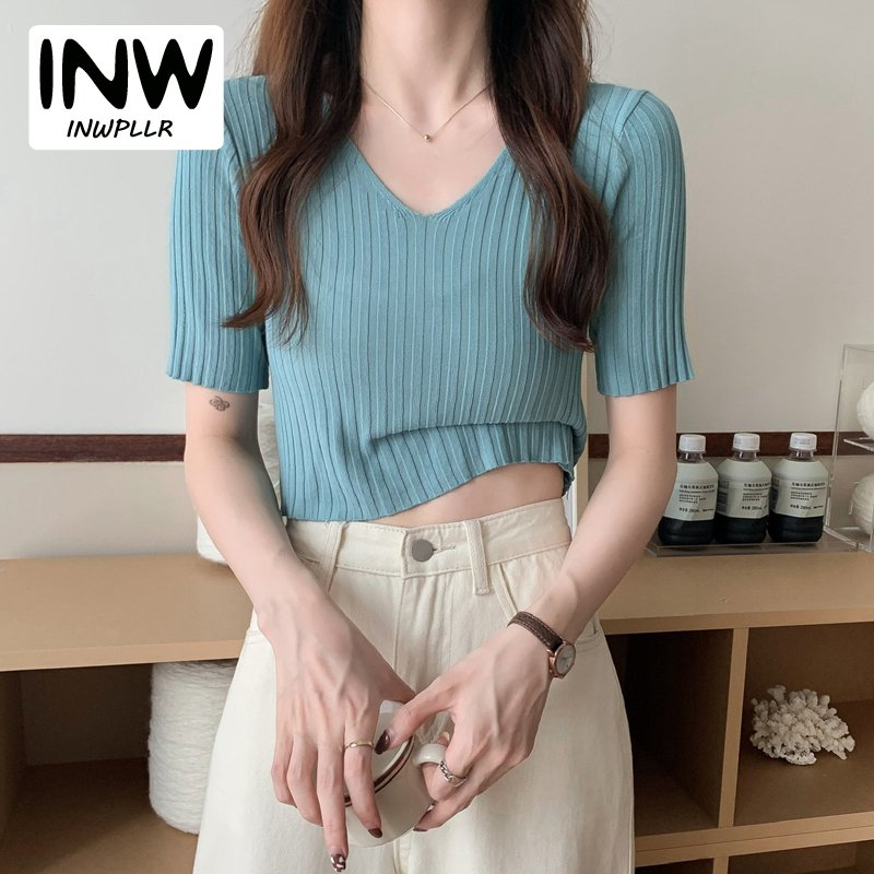 INWPLLR Women's Ins Tide T-shirt Summer V-neck Short Sleeve Section Exposed Navel Tops Casual T shirts Female