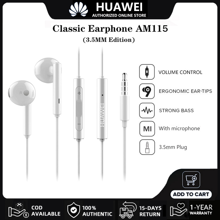 HUAWEI Headset Original AM115 Earphone Wired Half In-Ear Earphones | 3.5mm Edition Headphone | 3-Button With Mic Volume Control | For P30 P20 P10 Mate10 Nova4 4e 3 3i 2 2I Y9 Y Max Mobile Phones Table