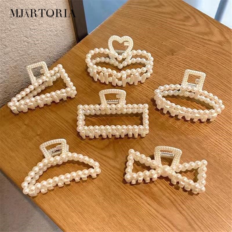 MJartoria French Retro Pearl Hairpin Shark Clip Geometry Rhinestone Grab Clip Small Hairpin Hair Accessories
