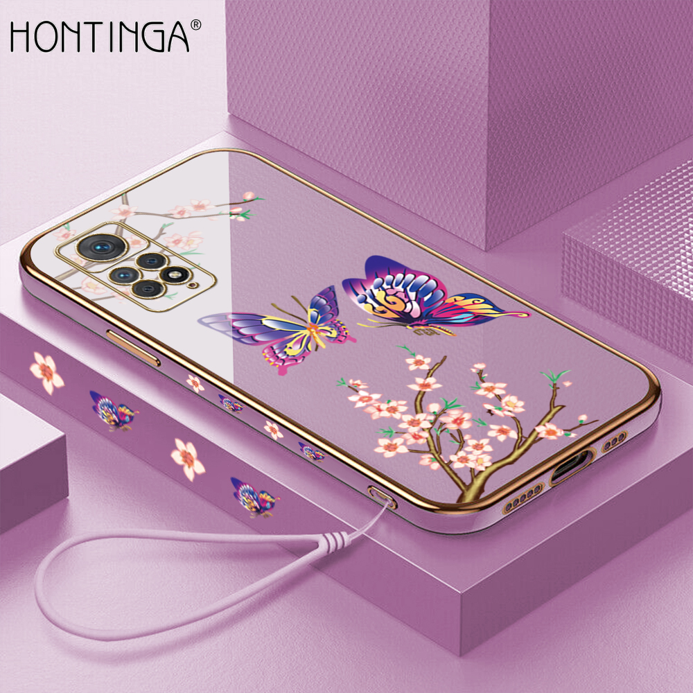 Hontinga Casing Case For Xiaomi Redmi Note 11 Pro 4G 5G Case Fashion Colorful Butterfly Luxury Chrome Plated Soft TPU Square Phone Case Full Cover Camera Protection Anti Gores Rubber Cases For Girls