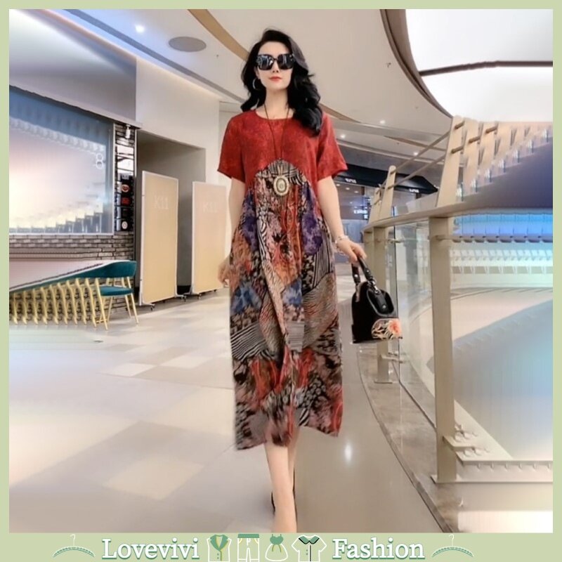 Women Retro Ethnic Style Printing Dress Large Size Loose Round Neck A-line Skirt Fashion Short Sleeve Dress