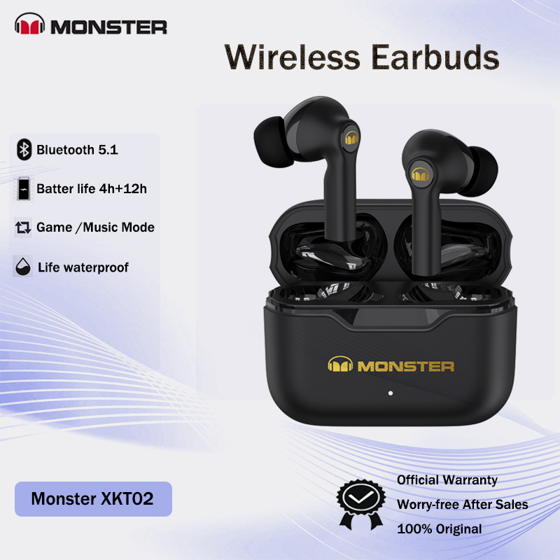 Monster XKT02 Bluetooth Earphones TWS Wireless Earbuds Headphones HIFI Sound IPX5 Waterproof Noise Canceling Game Headset with Built-in Microphone for android