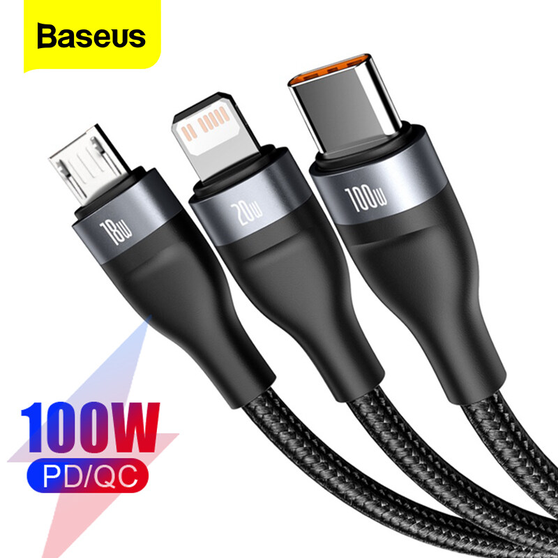 Baseus 1.2m 100W  3 in 2  USB Cable For iPhone 14 13 Pro Max PD USB Type C Cable For Xiaomi Samsung Huawei  5A Fast Charging USB-C Micro USB Wire Cord