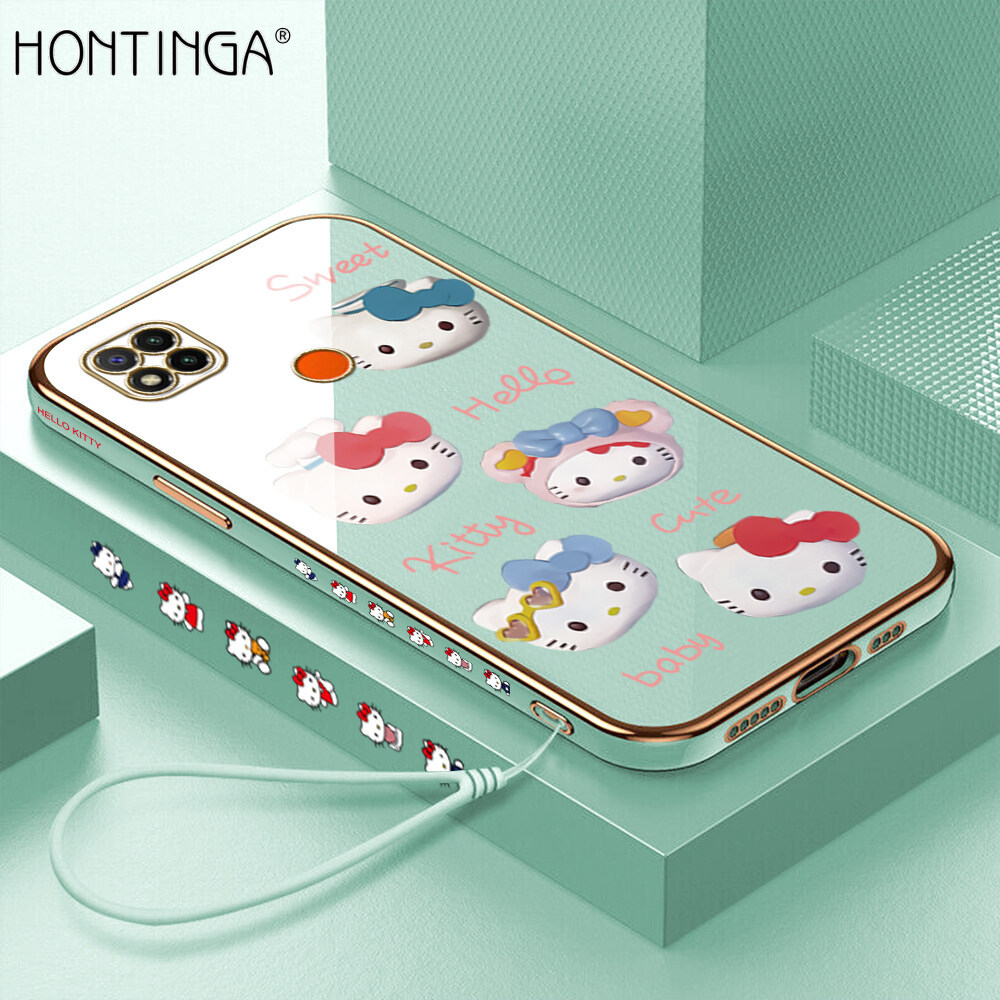 Hontinga Casing Case For Xiaomi Redmi 10A Case Cartoon Lovely Cartoon Hello Kitty Luxury Chrome Plated Soft TPU Square Phone Case Full Cover Camera Protection Anti Gores Rubber Cases For Girls