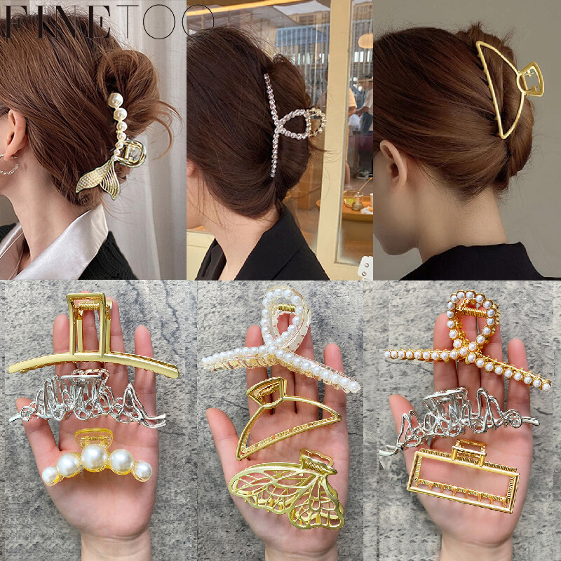 FINE TOO 1/2/3Pcs Pearl Hair Claw Sets Metal Gold Hairpins Women Plastic Hair Accessories Girls Pincer Hair Claws Barrette Hair Clips