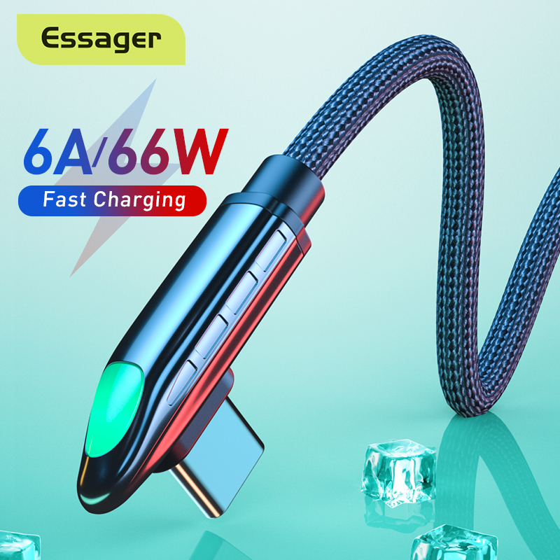 Essager 6A 66W USB Type C Cable For Huawei Samsung LED 5A Fast Charging Cable For Xiaomi Vivo Oppo 0.5M/1M/2M